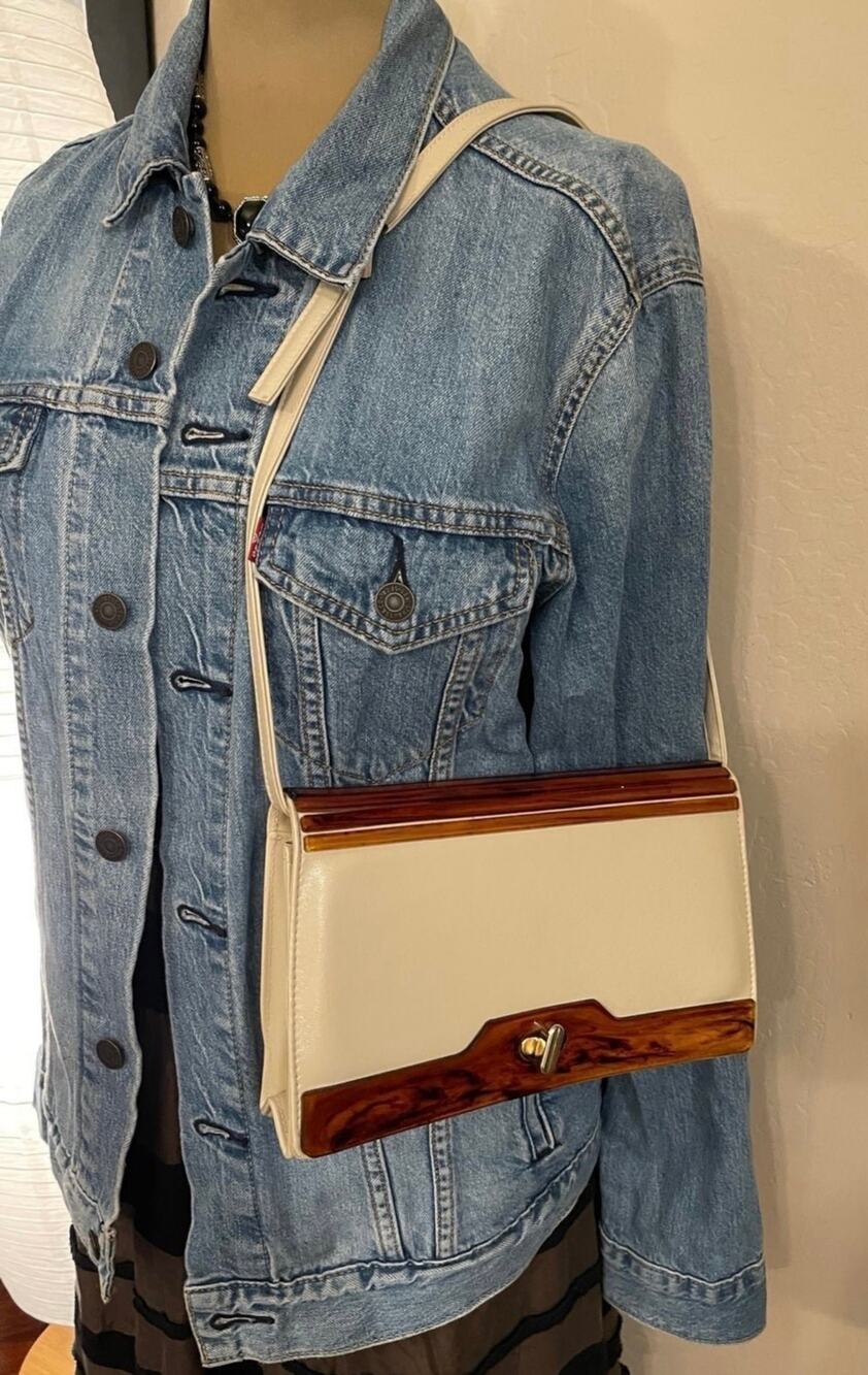 Vintage off white leather and tortoise print lucite shoulder bag 50’s ^Rare Find